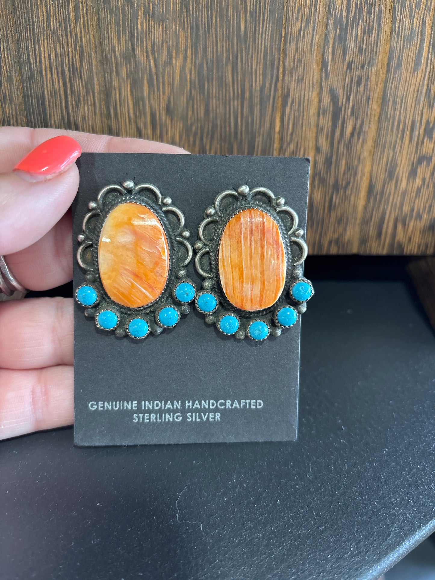 Navajo orange spiny and turquoise earrings