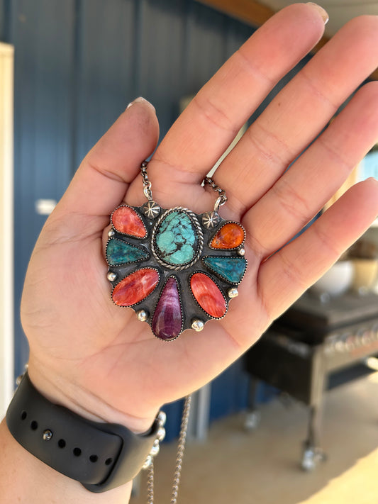 Spiny Oyster and Turquoise Cluster Necklace